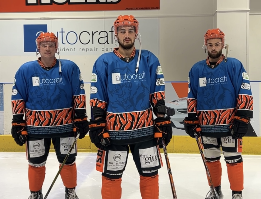 Pictured, Defenseman, Nick Oliver, Forward, Jaden Pecca, Forward Finley Howells in the Autocraft Warm-Up Kit